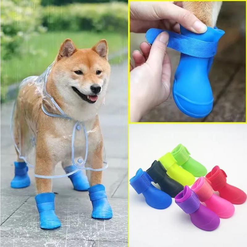 Kit 4 Sapato para Cachorro Gato Pet Bota de Borracha Impermeável Antiderrapante Botinha a Prova D'água Protetor LR-0201