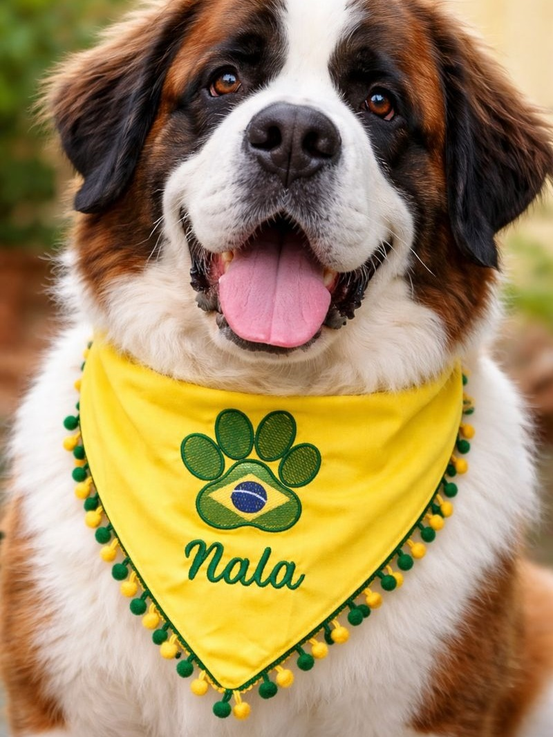 Bandana pet personaliza com a patinha do brasil + nome do pet+ pompom verde e amarelo TAM: P,M,G,GG